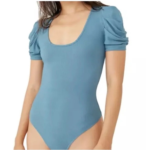 Intimately Free People So Fresh Puff Sleeve Bodysuit Larkspur Blue Medium New - Picture 1 of 11